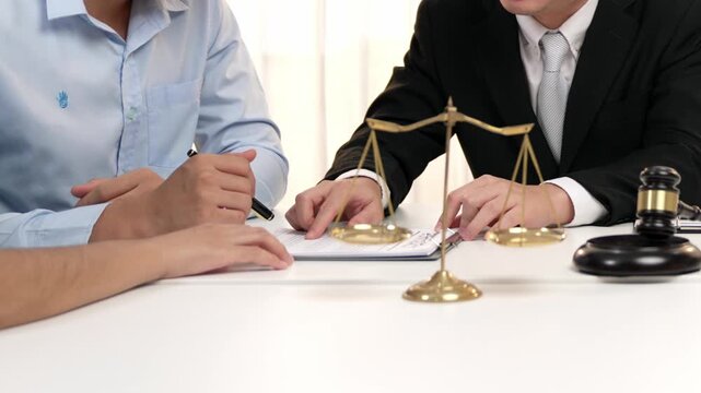 Lawyer act as mediator offer a compromise between two parties to resolve business dispute through negotiation at law firm office. Legal mediation and conflict resolution service. Slow motion. Rigid.