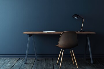 Wooden desk with chair and lamp in a dark room.