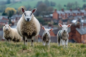 Obraz premium Sheep and spring lambs in Elmton Village Derbyshire England