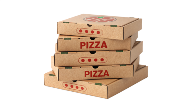 A stack of pizza delivery boxes isolated on transparent background