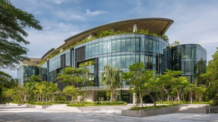 Modern university building with curved glass and green landscape