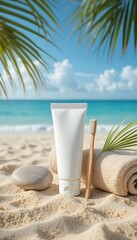 Obraz premium Natural beachside flat lay featuring a white cosmetic tube, bamboo toothbrush, smooth stone, and folded beige towel, all placed on textured sand with a tropical palm leaf accent