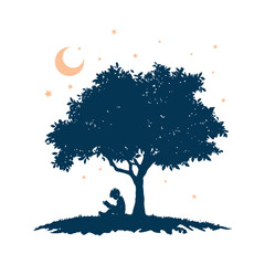 Boy Reading Book Under Tree Beneath the Moon