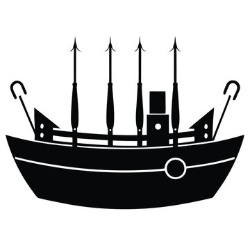 Whaling ship silhouette with harpoons and rigging
