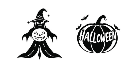Fototapeta premium Spooky Halloween ghost in witch hat and pumpkin with bats festive holiday atmosphere for your scary celebrations vector illustration