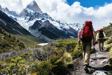 Fototapeta premium Hikers enjoying the autumn landscape in the mountains with vibrant foliage during a clear afternoon