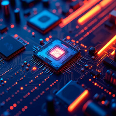 Fototapeta premium Microchip close-up with beautiful light. Puce électronique, processeur en gros plan avec une belle lumière.
