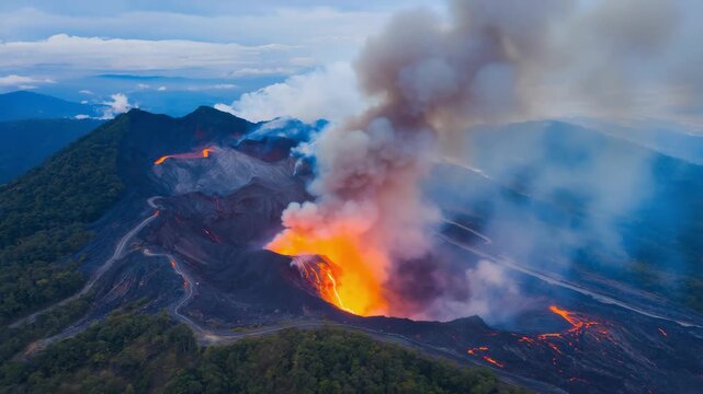 Erupting volcano releasing thick smoke and molten lava in dramatic natural landscape with mountain ridges and forest below, displaying the raw power of geology, active tectonic movement in earth crust