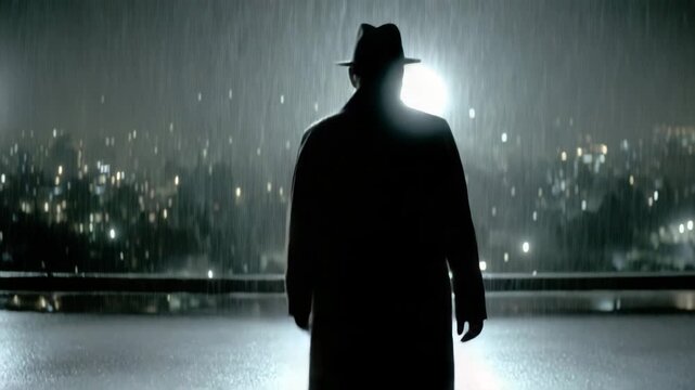 A moody city night sets the backdrop as a detective in classic silhouette stands at the window calm collected and radiating expertise.