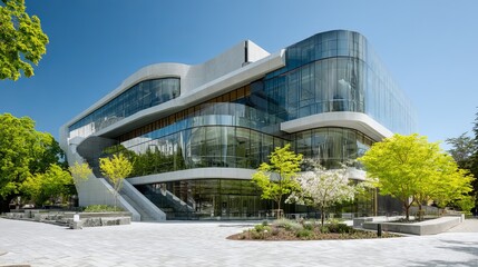 Modern university building with curved glass and green landscape
