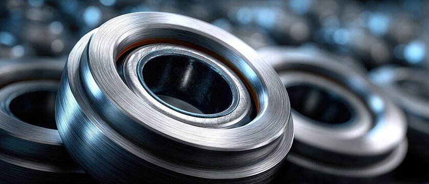 ball bearings industry concept. Close-up of metallic tires, showcasing their texture and reflective surface.