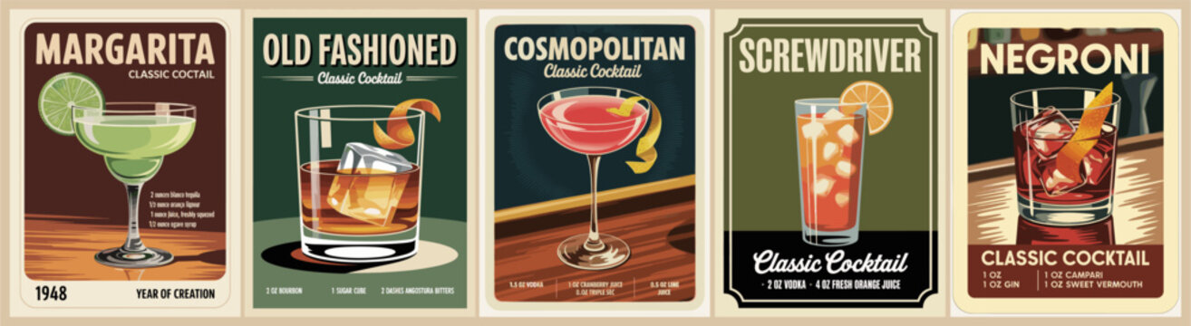 Set of Cocktail retro posters with recipe. Cosmopolitan, Negroni, Margarita, Old Fashioned cocktails. Popular alcohol drinks. Vintage vector illustration, bar, pub, restaurant, kitchen decor
