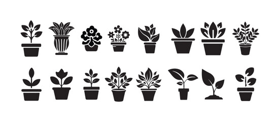Plant pot icon set, Bold  House Plant Vector Icons Monochrome Potted Leaf Design, vector illustration eps 10.