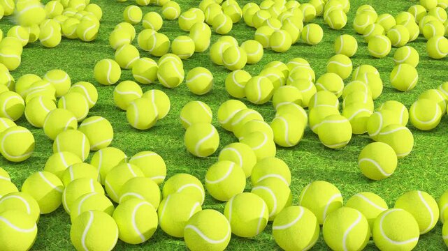 Random tennis balls shooting into an array of balls on a green grass surface