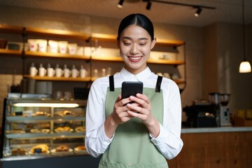 Smiling barista using mobile phone in cafe for online order and payment processing