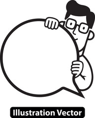 Line art drawing of a cartoon man with glasses holding a large empty speech balloon