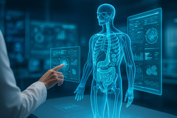 AI generated medical scene of doctor interacting with glowing holographic human body scan displaying internal organs and data in high tech futuristic lab