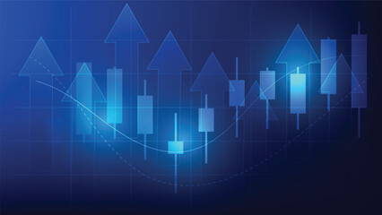 finance and business investment. stock market candlesticks chart and bar graph with uptrend arrow on blue background. economy growth and earning increase