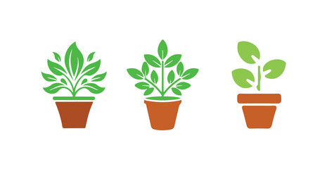 Minimal Green Leaf Plant Icons in Flower Pots Flat Vector Collection, Elegant Potted Flower Icons , vector illustration eps 10.