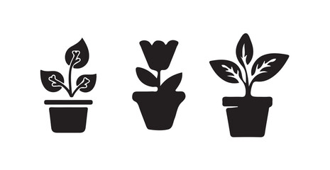 Simple potted plant, minimalist design, white background, growth, Elegant Potted Flower Icons  Botanical Vector Set for Eco Design, vector illustration eps 10.