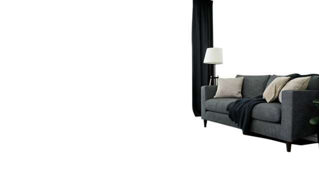 Gray sofa with pillows and blanket isolated on a transparent background couch lamp