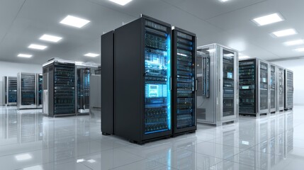 Data Fortress: Cutting-edge server racks stand sentinel, glowing within a modern data center, symbolizing technological might and secure digital storage.