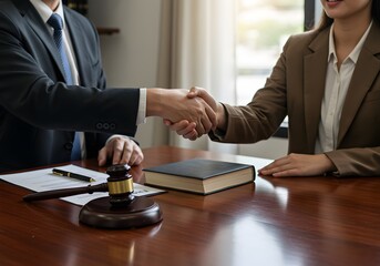 Two people shaking hands over a table with a judge's gavel and a book. The handshake implies agreement, settlement, or cooperation in a legal or business context.
