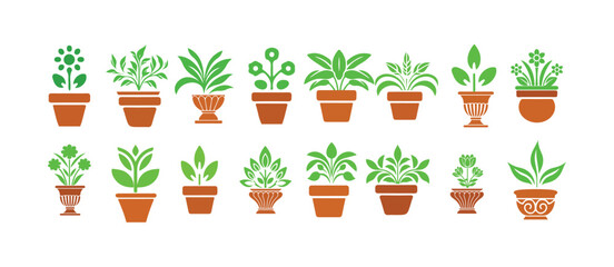 Flowerpot flat icond, Minimal Botanical Icons with Potted Plants, Home & Office Greenery Set, 