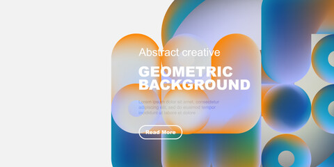 Obraz premium Abstract geometric background features vibrant colors, rounded shapes, text overlay, plus button. Modern design, clean aesthetic.