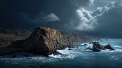 Dramatic coastal cliff with approaching storm and moody atmosphere