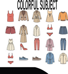 Fototapeta premium Illustration of various clothing items including dresses outerwear and casual wear arranged neatly
