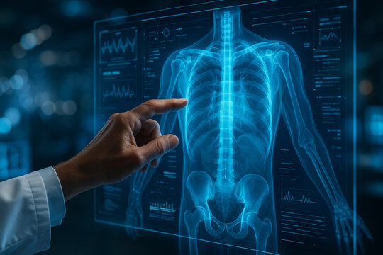 AI generated futuristic hand points to glowing chest xray hologram in medical lab with digital interface highlighting advanced diagnostic technology