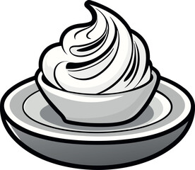 Simple black and white illustration of a swirl of whipped cream in a bowl on a saucer