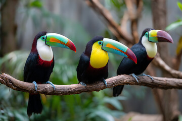 Three Colorful Toucans Perched on Branch in Tropical Forest – Vibrant Exotic Birds with Bright Beaks in Lush Jungle Setting for Nature and Wildlife Concepts

