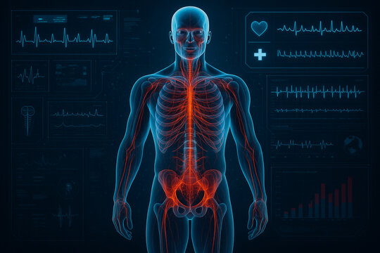 AI generated digital human body scan with glowing bones nerves and medical interface elements in sci-fi diagnostic setting clean and modern visual for futuristic healthcare concept