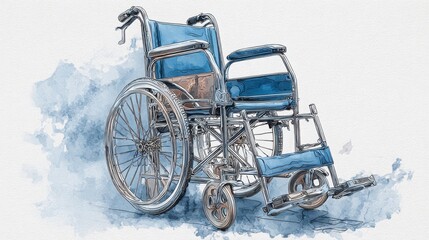 Fototapeta premium Artistic watercolor illustration of a blue wheelchair, highlighting mobility, accessibility, and medical aid concepts.