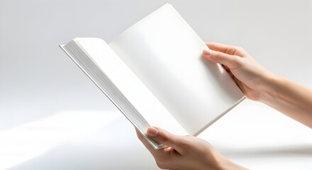 Person holding an open blank white hardcover notebook or sketchbook with a clean minimalist background suitable for creative projects or note taking