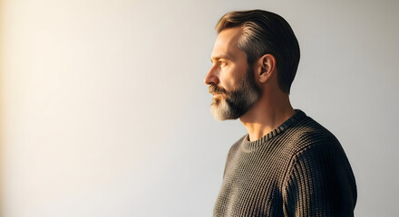 Obraz premium Serene middle-aged man with well-groomed beard and stylish hair gazing thoughtfully into the distance during sunrise or sunset with soft natural lighting and calm expression for lifestyle and portrait