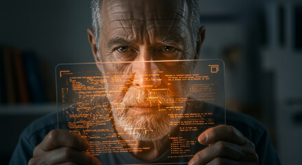 Senior man intently examines a translucent digital tablet displaying complex data and information, illuminated by an orange glow.