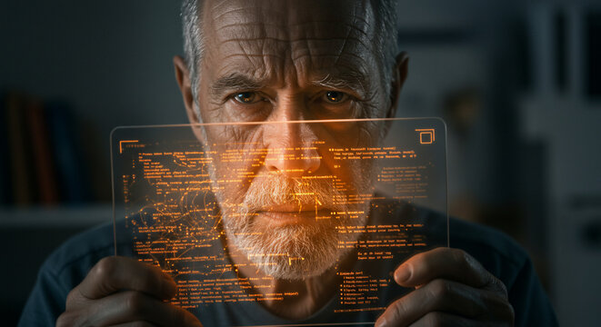 Senior man intently examines a translucent digital tablet displaying complex data and information, illuminated by an orange glow.