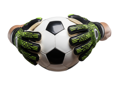 front view of a soccer goalkeeper's hands in green gloves holding a ball - Powered by Adobe