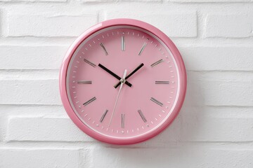 Shiny pink clock on a white wall shows 12 34