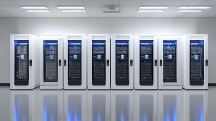 Server Room: A meticulously arranged row of servers hums with data processing power, inside the gleaming confines of a modern data center, conveying cutting-edge technology and digital infrastructure.