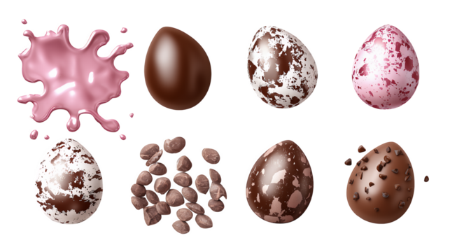 Assorted Chocolate Eggs with Pink Glaze and Chocolate Crumbles isolated on a transparent background