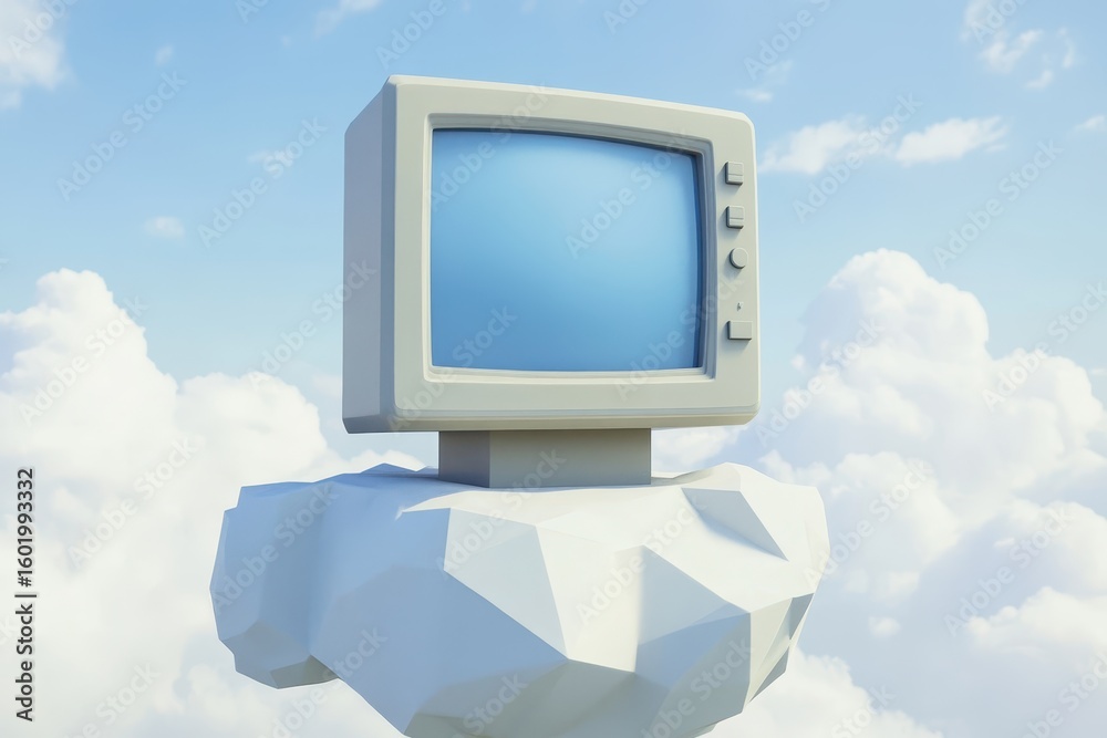 Fototapete Retro computer monitor resting on a cloud.