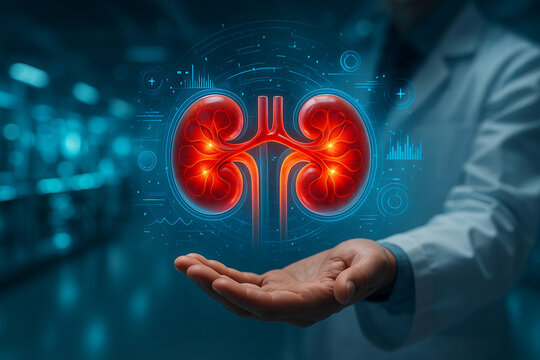 AI generated futuristic kidneys floating above a doctor hand glowing with red energy and surrounded by digital holographic charts in a sci fi medical lab environment with blue ambient light