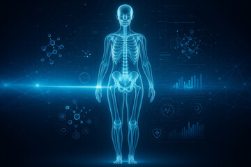 AI generated holographic anatomy of human body with glowing skeleton and biometric data interface in futuristic blue digital background