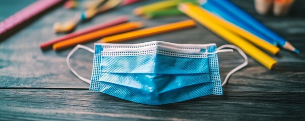 Flat lay view of a face mask and school supplies, symbolizing the intersection of back-to-school activities and ongoing health and safety concerns during the coronavirus pandemic, Generative AI