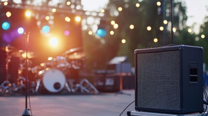 Concert stage and music amplifier at dusk