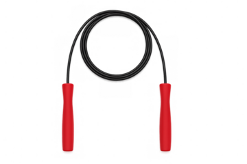 Red skipping rope with black cord lying on a transparent background, ideal for fitness and workout concepts